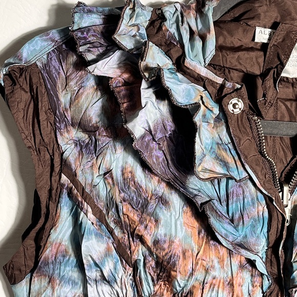 Alberto Makali Blue and Brown Ruffled Hooded Vest Blouse Small - Picture 4 of 7